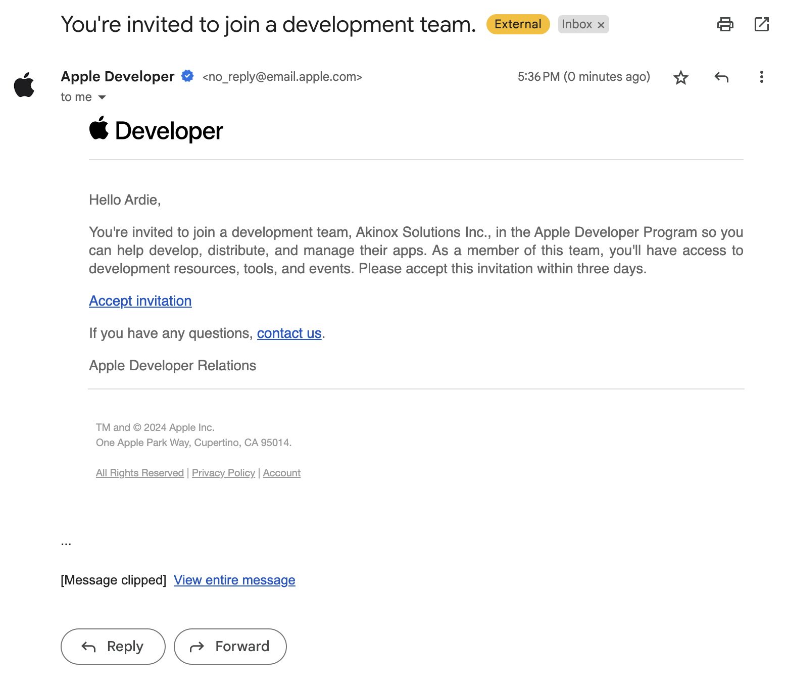 Organization invitation email